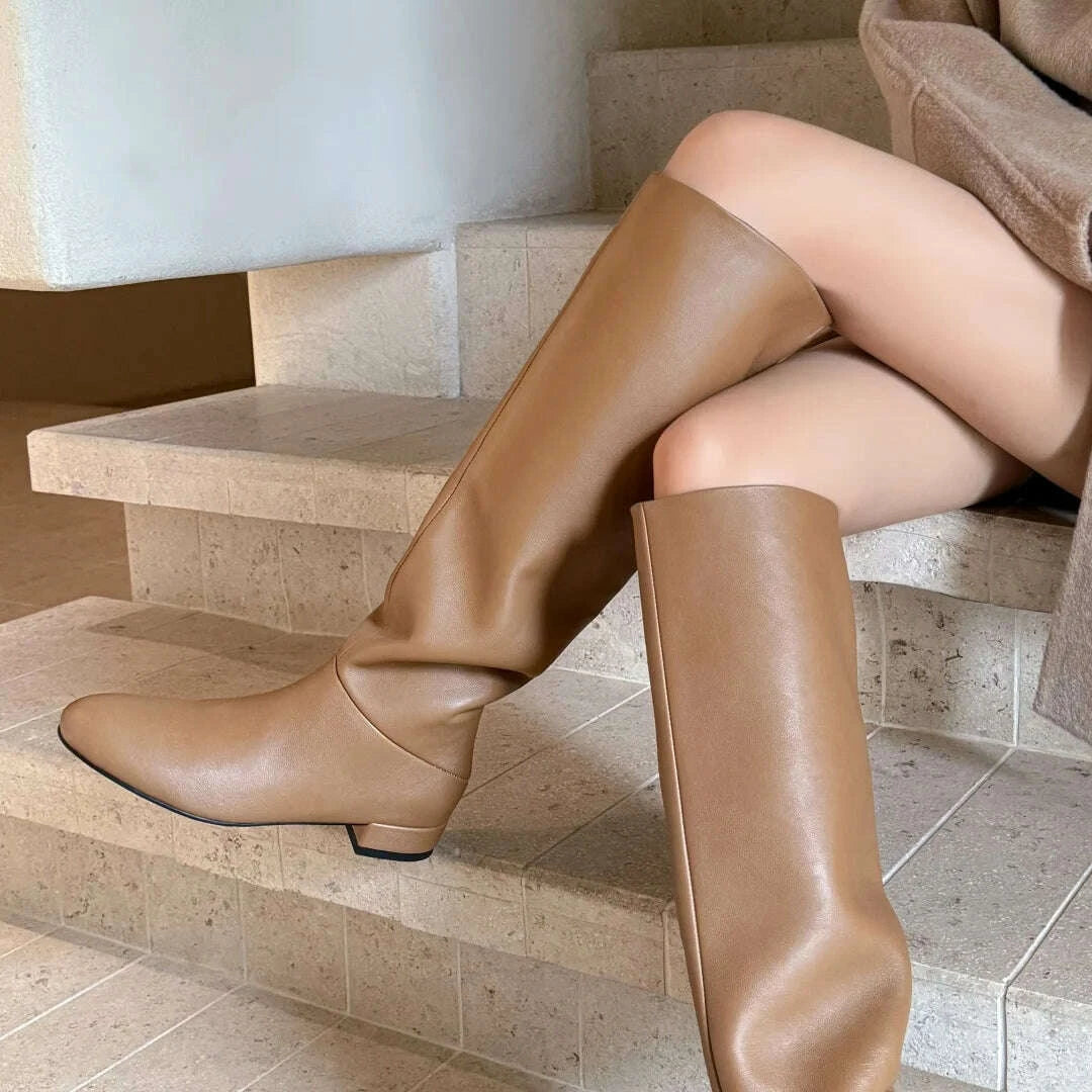 KIMLUD, Women's genuine leather round toe slip-on flats autumn knee high boots casual female soft comfortable knight boots shoes woman, KIMLUD Womens Clothes