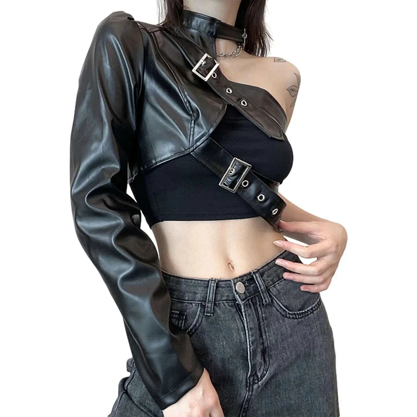 2000s-womens-clothing-gothic-punk-style-crop-tops-cool-single-long-sleeve-neck-hanger-leather-belt-connected-topskimlud-womens-fashion-34602837