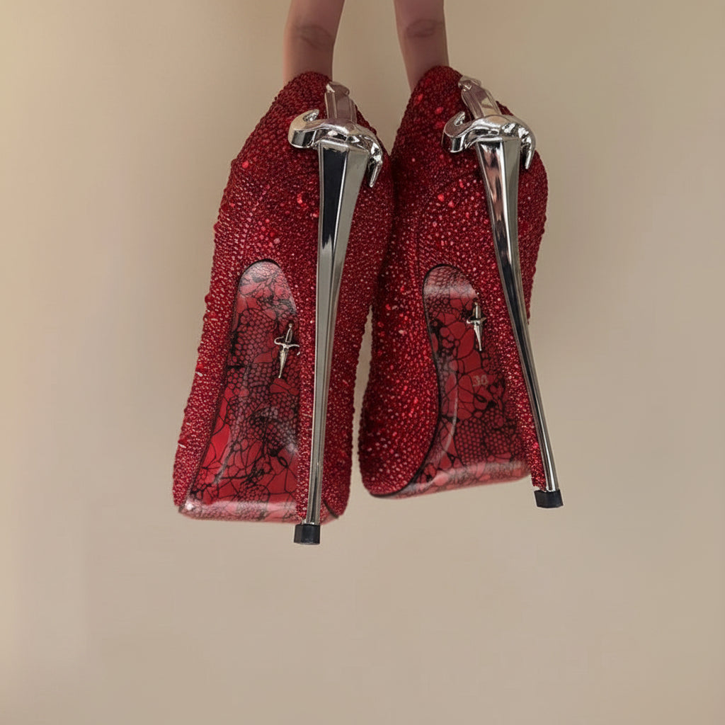 Leather Pumps With Metal High Heels Metal-Embellished Shaft Sculpted Pointed Toe — Gold | KIMLUD