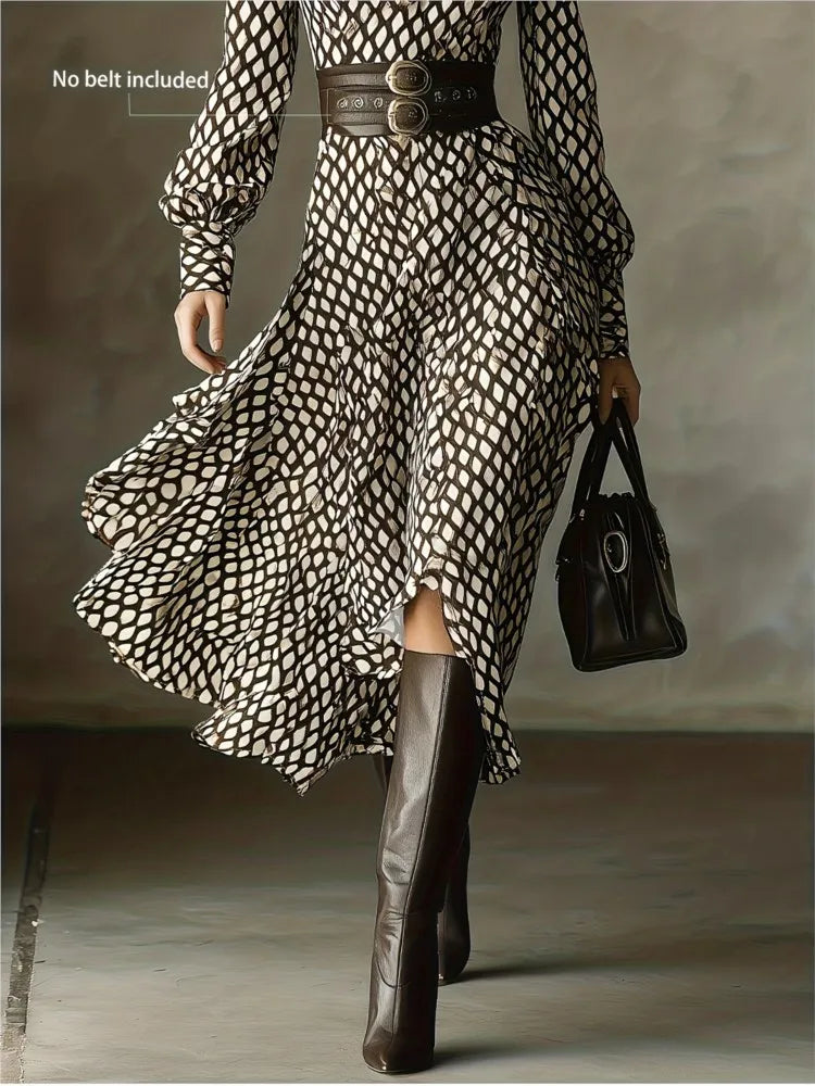 Lantern Long Sleeve Dress - Lapel Print - Jersey - Mid-Calf | KIMLUD