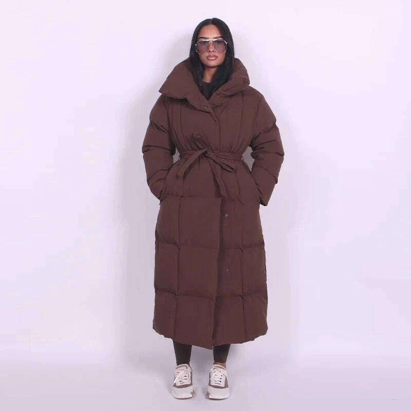 Warm Women's Puffy Quilted Hooded Long Cotton Coat Loose Solid Stand Collar Lace Up Zipper Overcoats 2025 Winter Lady Outwear