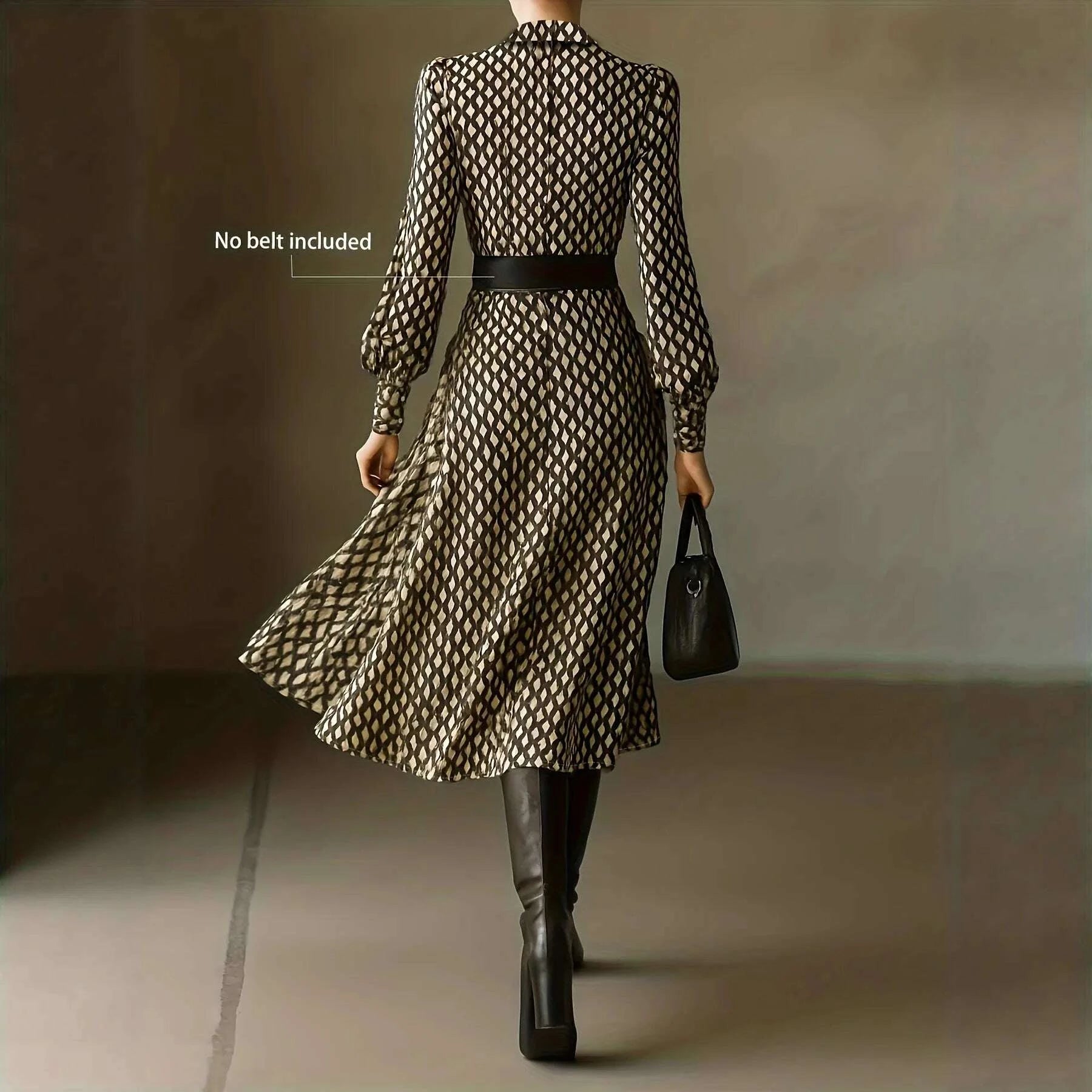 KIMLUD, Women's Vintage Plaid Print Shirt Dress V-neck Bubble Long Sleeve High Waist Slim A- line Skirt Elegant Midi Dress Autumn Fashio, KIMLUD Womens Clothes