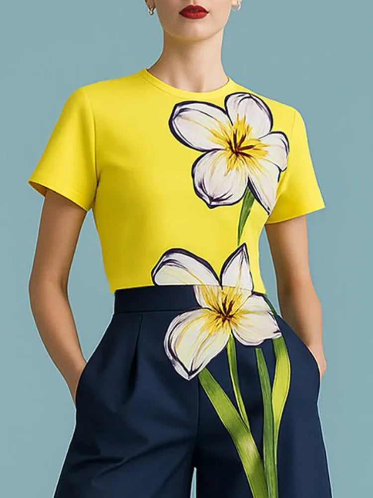 Floral Printed Matching Sets Elastic High-Waist Wide-Leg Pants — Yellow | KIMLUD
