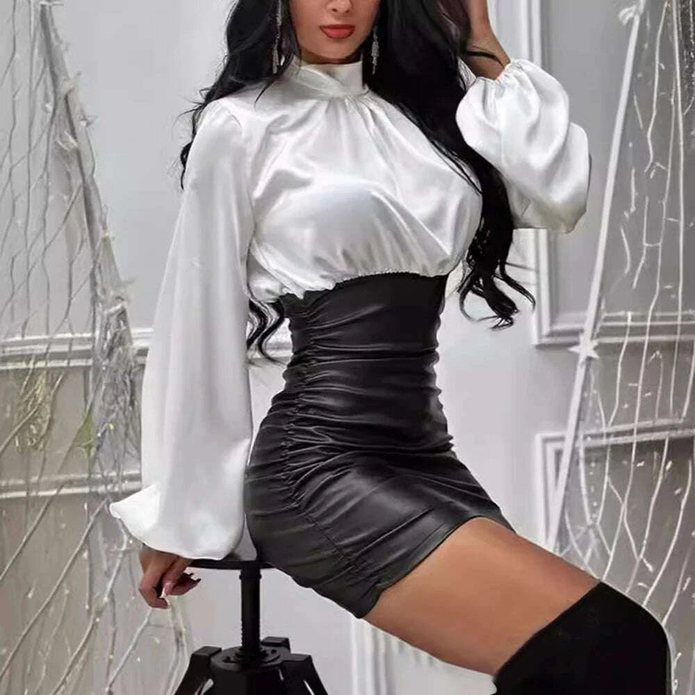 Women's Satin Imitation Silk Elegant Casual Dress Round Neck Puff Sleeve Pu  Leather Patchwork Slim Business Female Mini Dresses