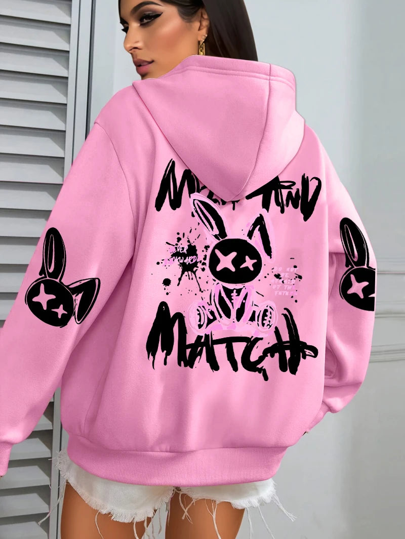 Hoodie – Cartoon Rabbit Prints – Loose Silhouette – Hooded | KIMLUD