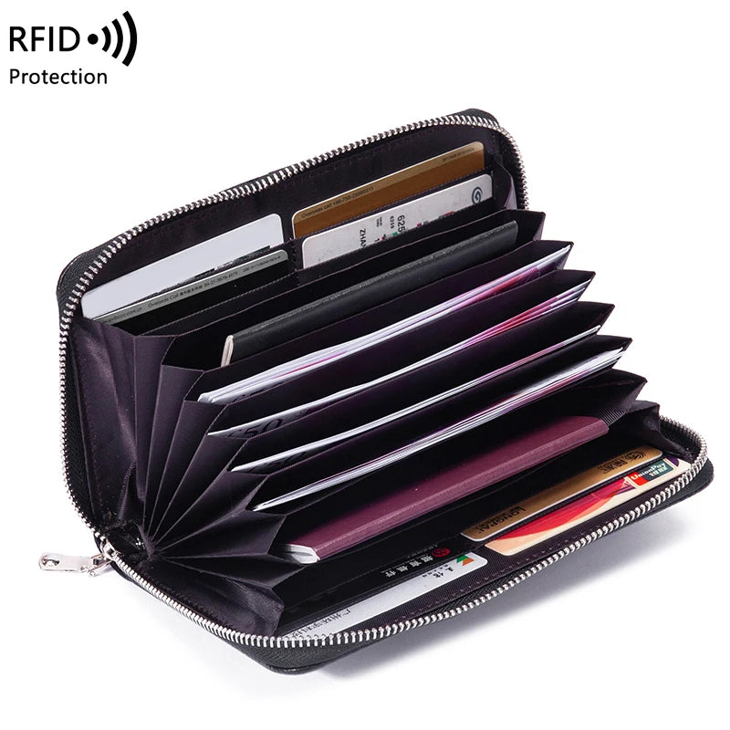 RFID Anti-Theft Cowhide Leather Wallet — Long Passbook Card Slots Black | KIMLUD