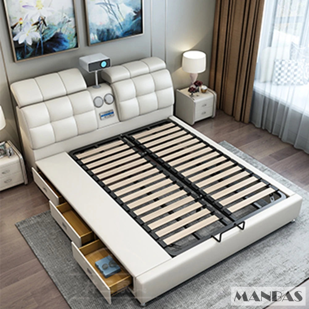 Genuine Leather Bed Frame Smart Multifunctional Tech — Ivory | KIMLUD