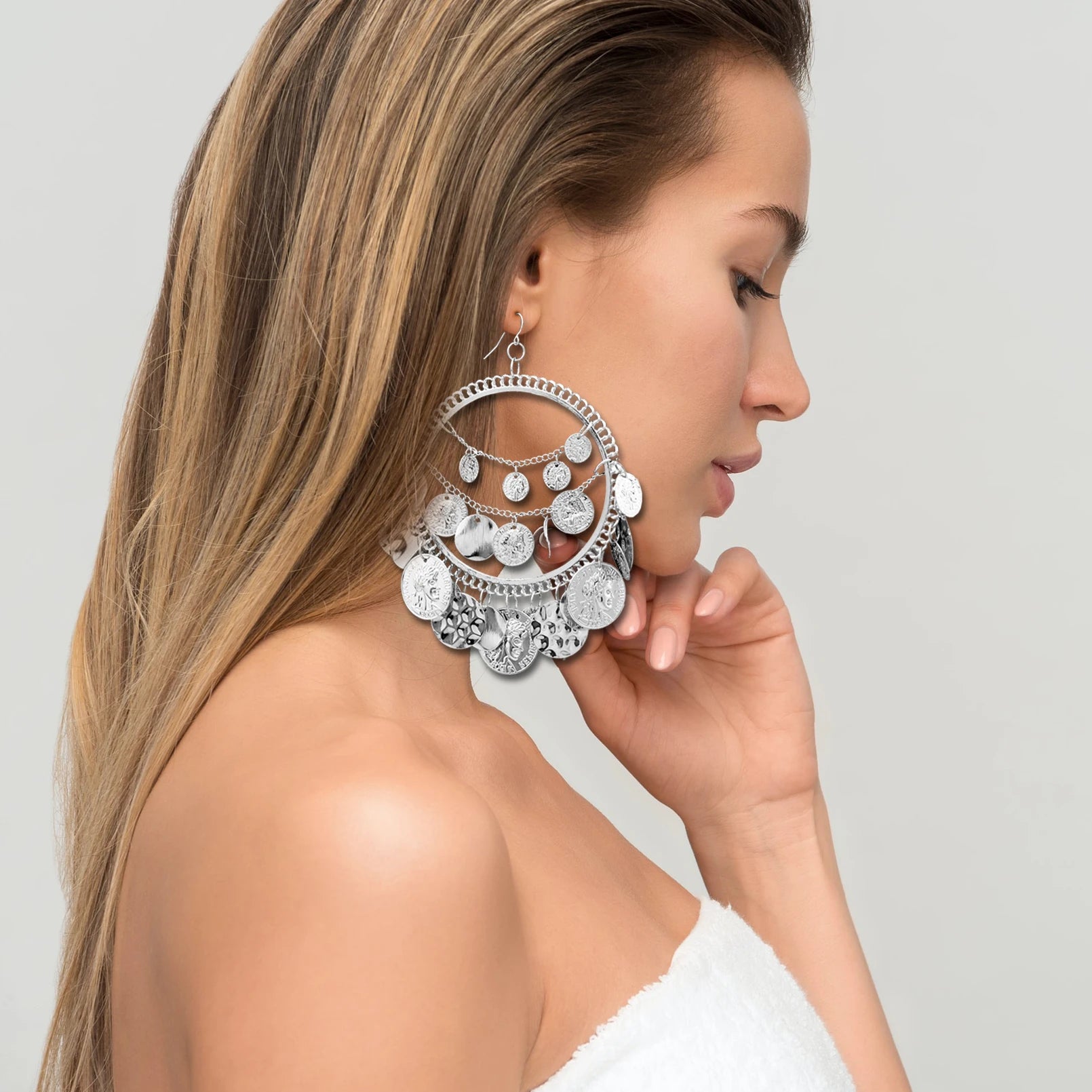 Metal Tribal Coins Hoop Earrings — Silver | KIMLUD