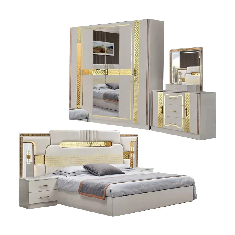 A Wholesale Wooden Frame Double King Size Bed Room Set LED Headboard Modern Home Full Luxury Bedroom Sets Furniture