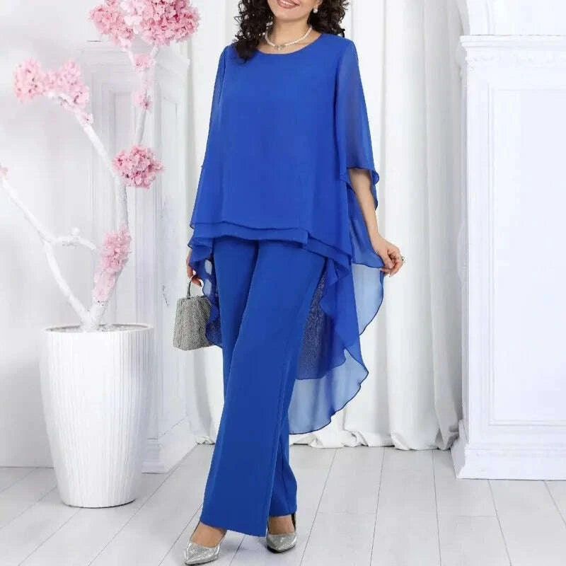 KIMLUD, Elegant 2 Pieces Sets Woman's Chiffon Solid Mid-Sleeve Layered ruffled edges Long Top & Straight-leg Trousers Pants Sets Outfits, KIMLUD Womens Clothes