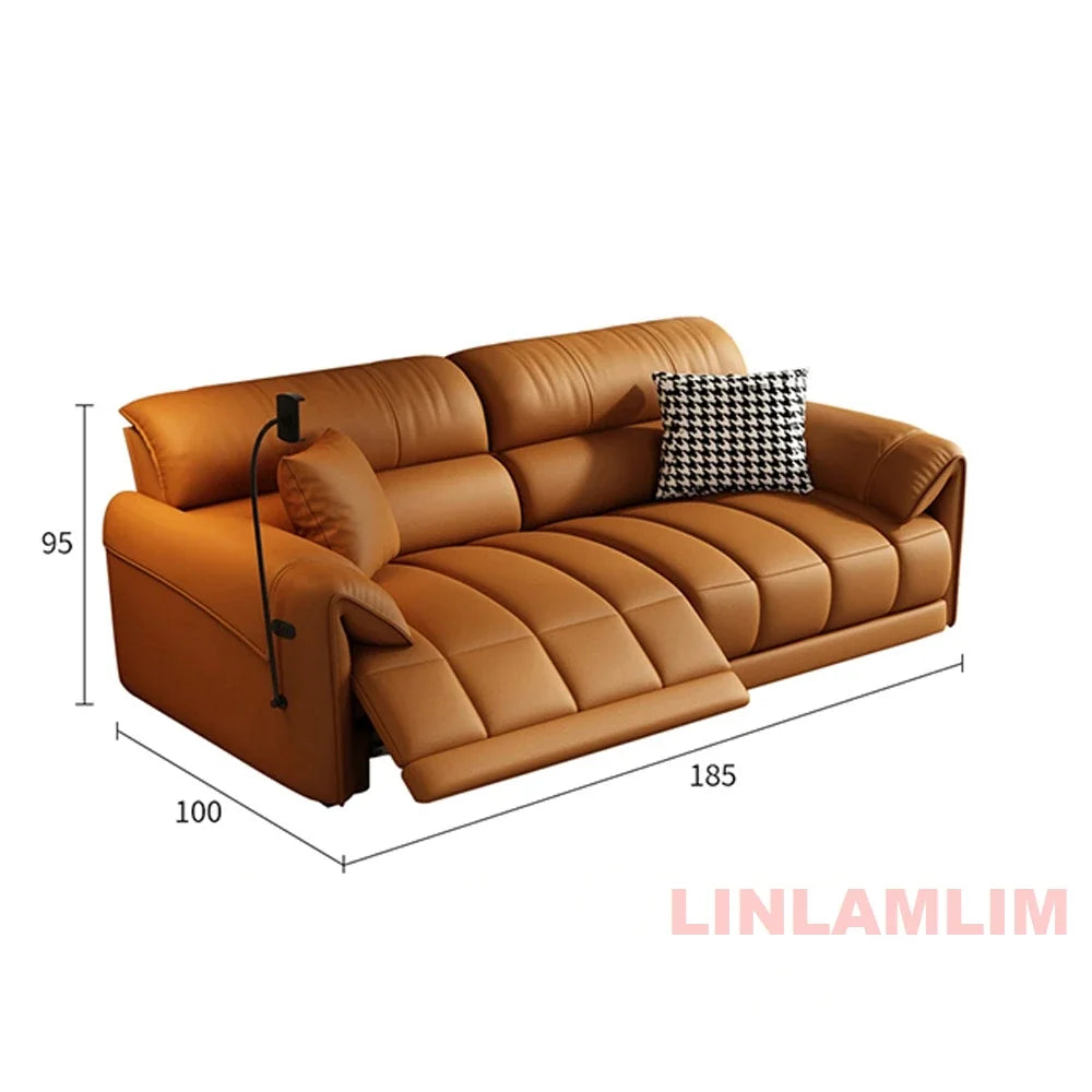 Italian Genuine Leather Electric Reclining Sofa With Adjustable Footrest USB And Foldable Center Console — Caramel Tan | KIMLUD