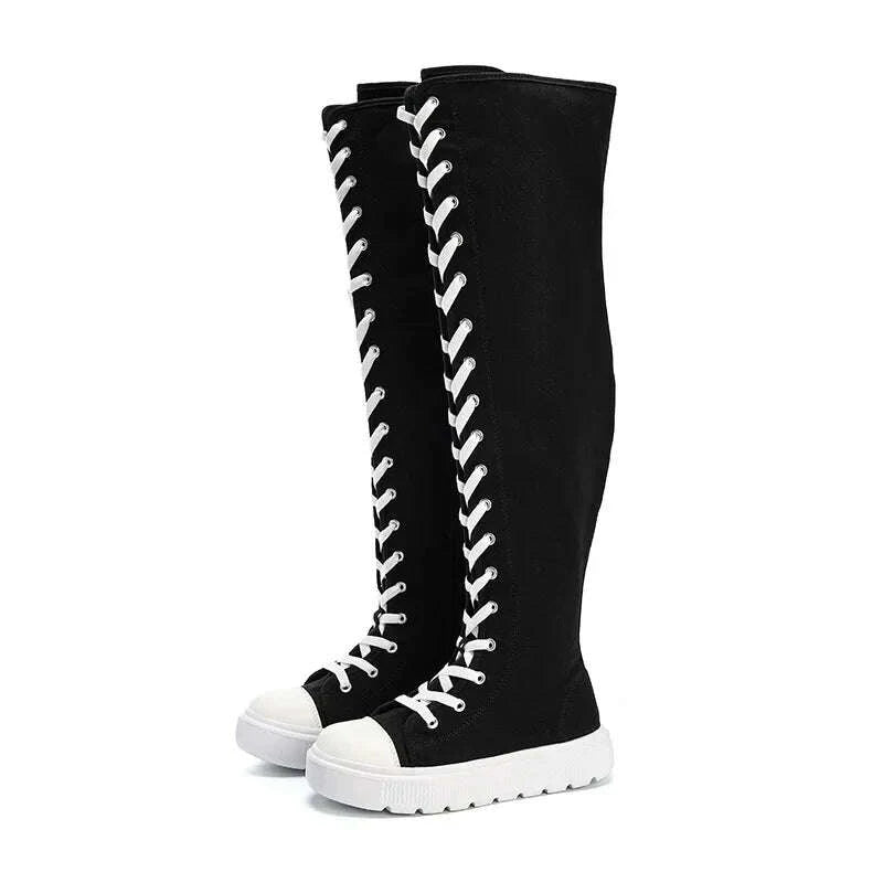 KIMLUD, Plus Size Women's Canvas Boots Spring Autumn High Top Side Zipper Simple Long Tube over Knee Shoes Flat Heel Adult Footwear, KIMLUD Womens Clothes