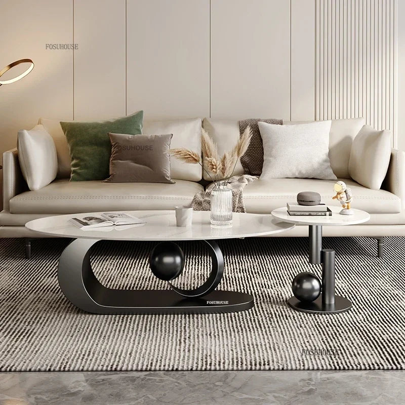 Wrought Iron Oval Coffee Table Marble-Top Italian Rock Plate European Design — Ivory | KIMLUD