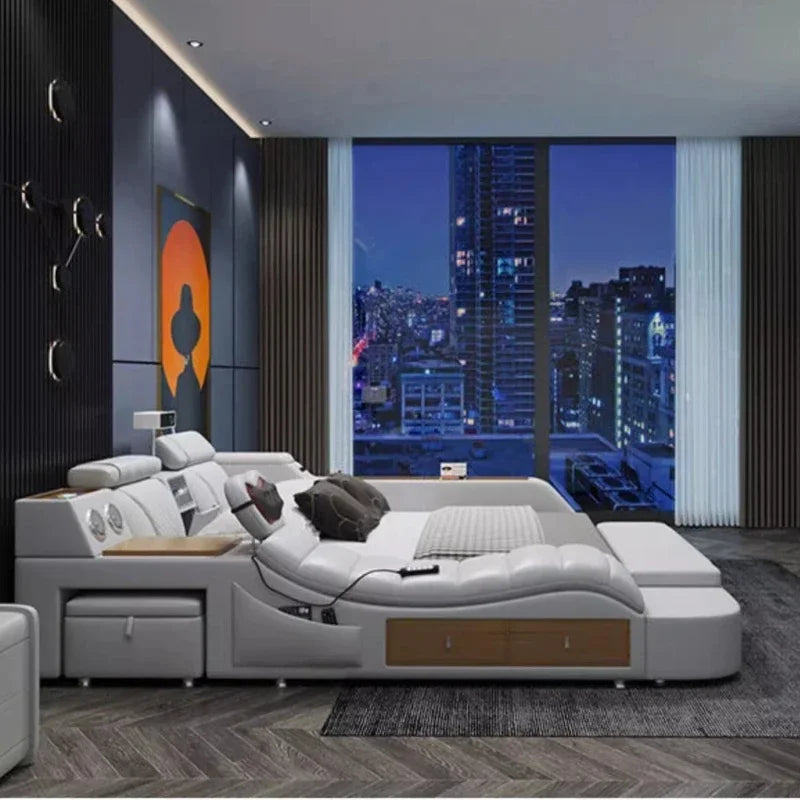 Luxury Smart King Size Bed with Queen Beds, Storage Cabinet, Headboard, and Loft Mattress for California Day Bedroom Furniture