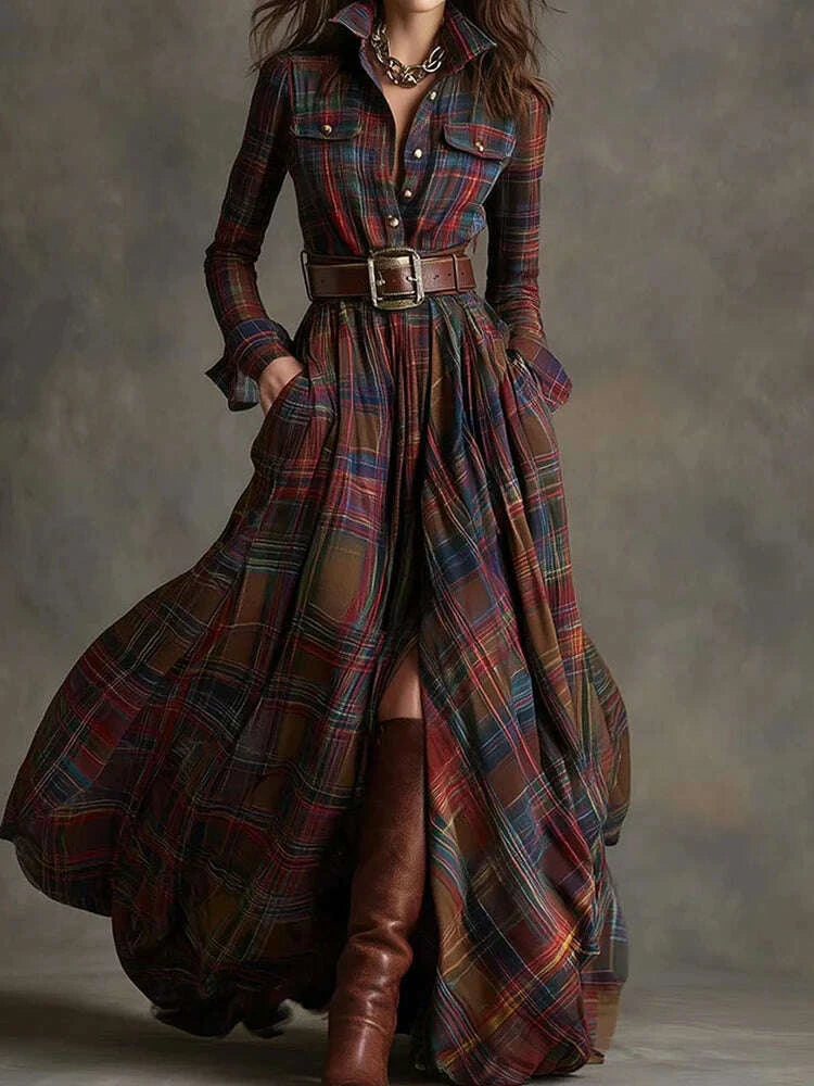 KIMLUD, 2025 Turn-Down Collar Patchwork Party Dress, Women Spring Autumn Long Sleeve Chic Maxi Dress, Plaid Printed Loose Cardigan Dress, KIMLUD Womens Clothes