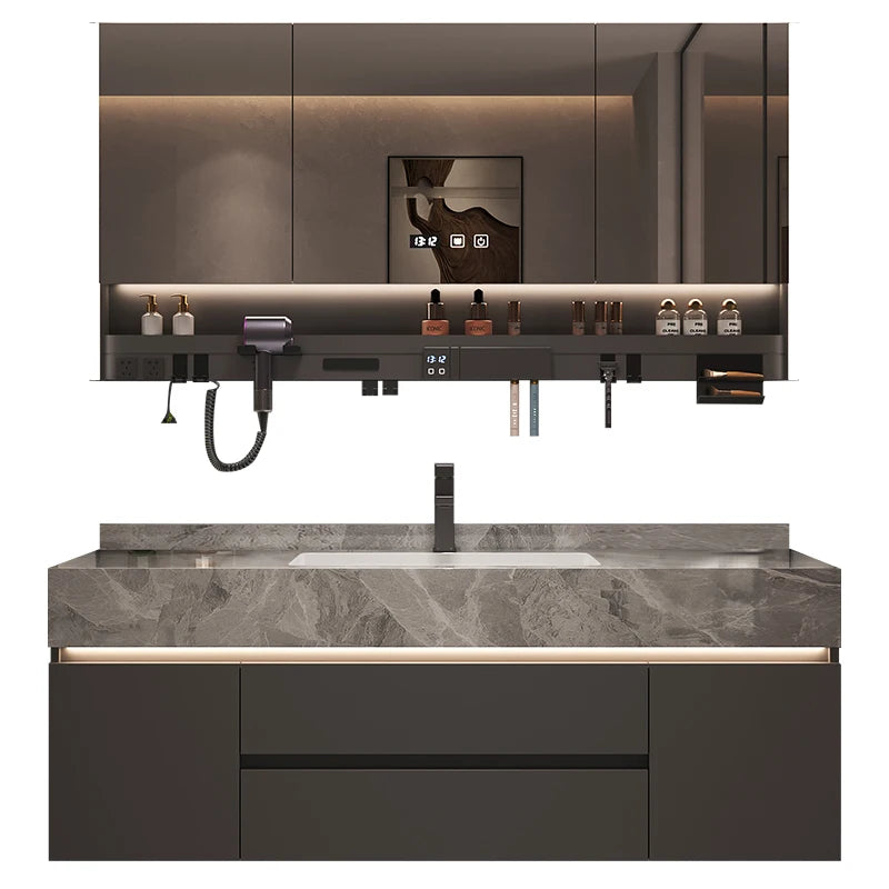 Solid Wood Vanity Cabinet With Marble Countertop And Integrated Mirror Lighting — White | KIMLUD