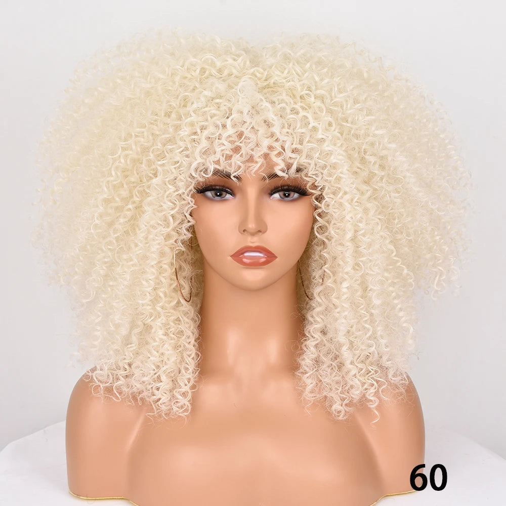 Afro Kinky Curly Hair Wigs With Bangs — Natural Brown Mixed | KIMLUD