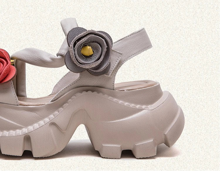 Koznoy 7cm Cow Genuine Leather Platform Wedge Women Summer Flower Slippers Pumps Hook Hollow Mary Jane Sandals Shoes Flats