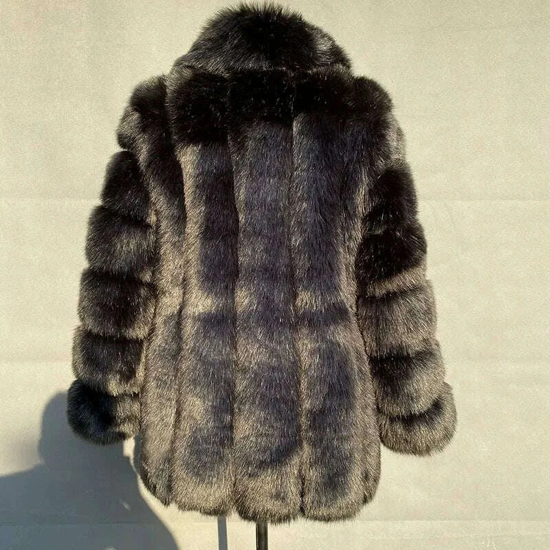 KIMLUD, 2025 Winter Women's Mid-Length Faux Fox Fur Coat Plush Luxe Warm faux fur Trench Elegant Thermal Outerwear Faux Fur Tops, KIMLUD Womens Clothes