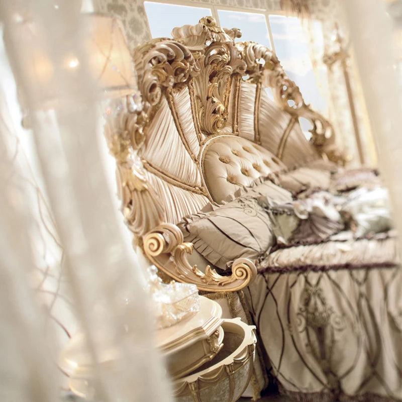 European Luxury Bed Carved Court Headboard Queen — Ivory | KIMLUD
