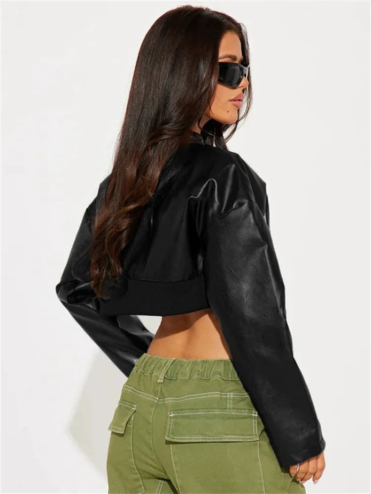 kliou Letter PU Patchwork Women Coats New Hipster Button Zip-up Full Sleeve Crop Jackets Trend Cool Street Outwear Spring New