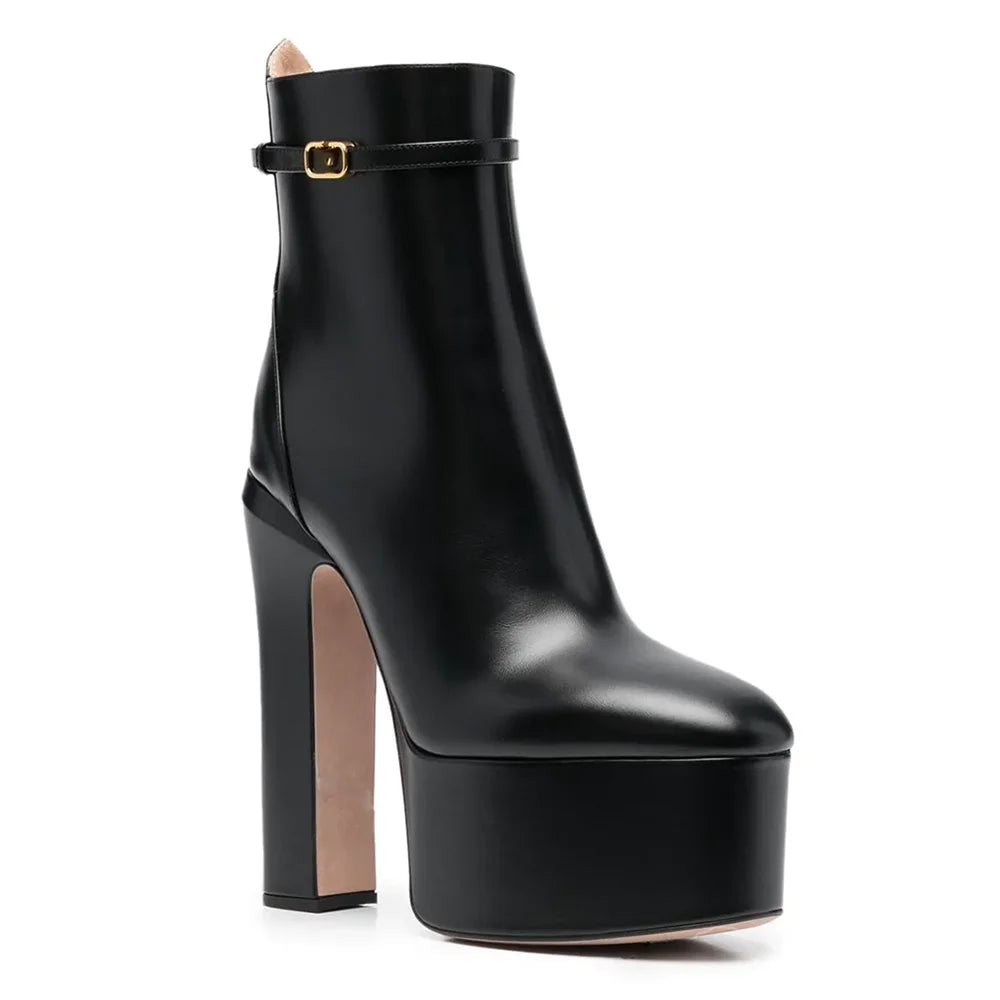 Aucegi Delicate Women Round Toe Platform Chunky High Heel Ankel Boots Fashion Genuine Leather Side Zipper Dress Handmade Shoes