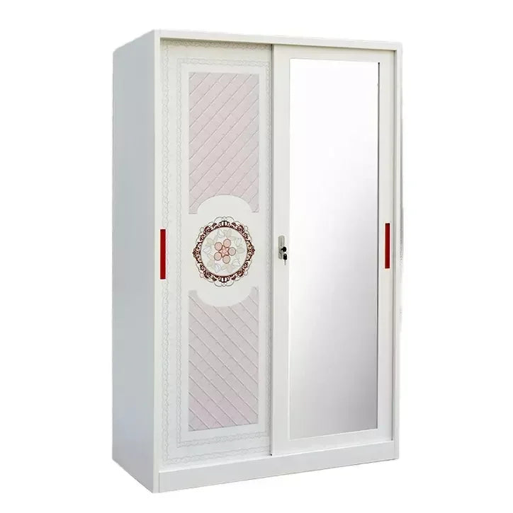 A White Modern Locker Bedroom Clothes Storage Metal Swing Doors Steel Wardrobe With Mirror