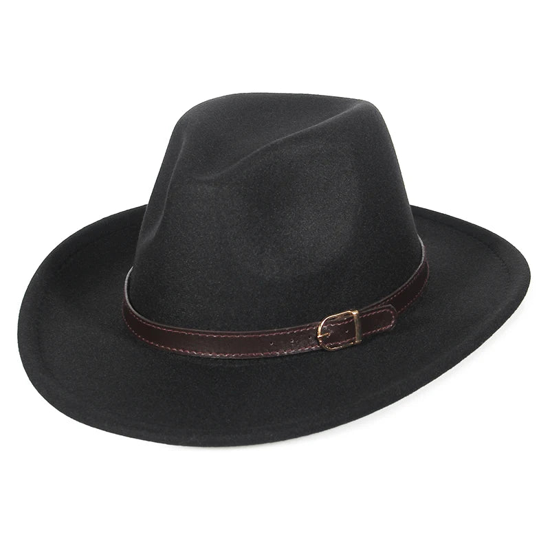 Western Cowboy Hat Wide Brim Belted — Black | KIMLUD