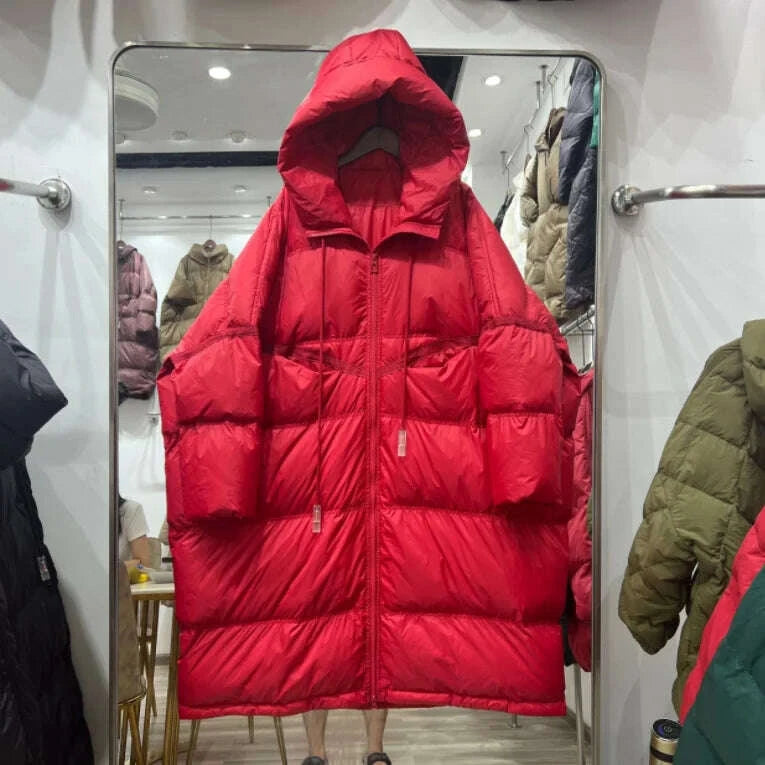 KIMLUD, Lagabogy 2025 New Winter Women Oversize Long Puffer Coat Female Thick Warm White Duck Down Jacket Hooded Loose Parkas Outwear, KIMLUD Womens Clothes
