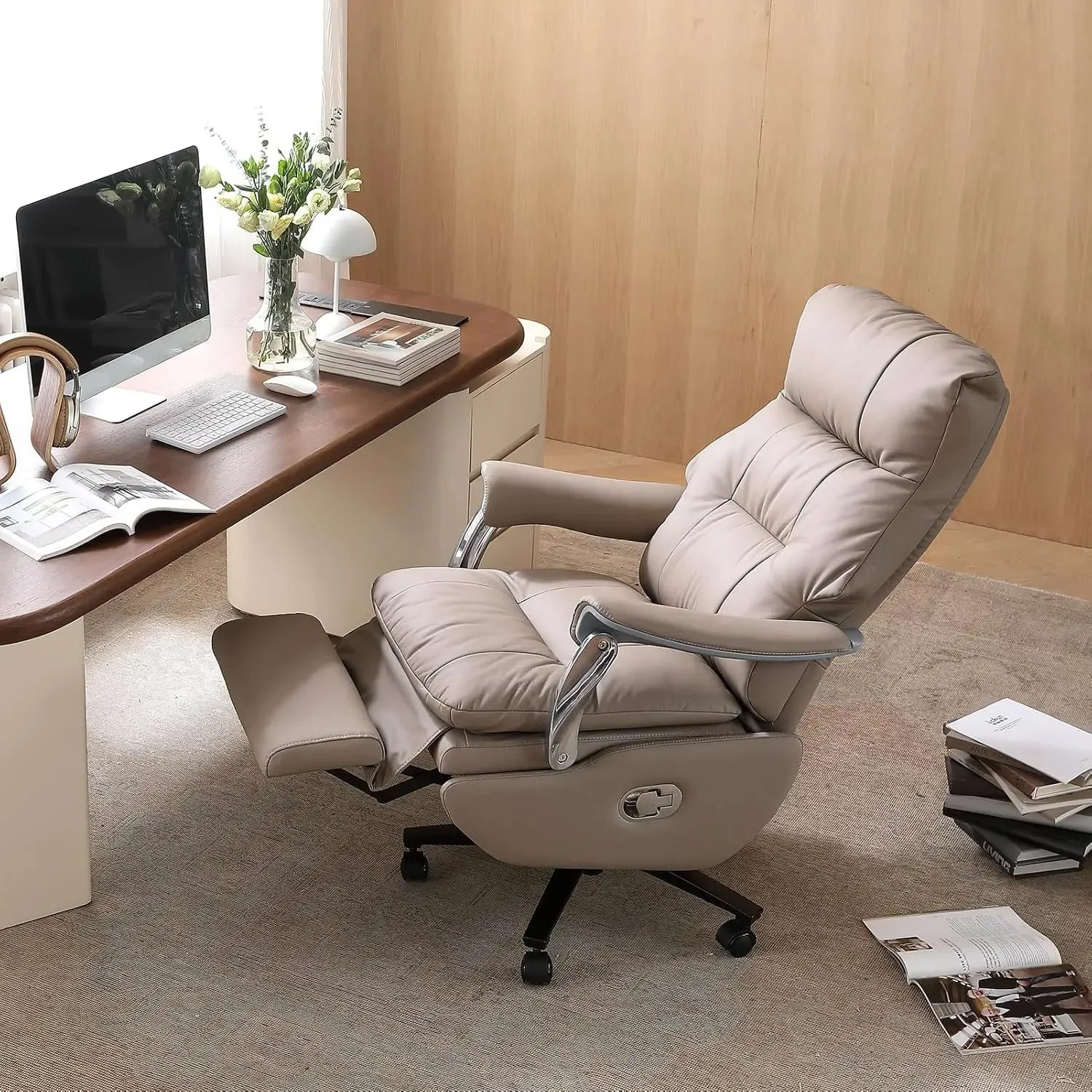 2025NEW Dual Motor Electric Genuine Leather Executive Office Chair with Foot Rest, Comfortable Reclining Office Chair with Massa