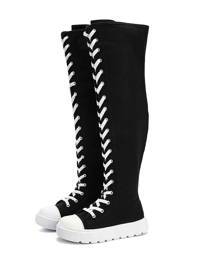 Plus Size Women's Canvas Boots Spring Autumn High Top Side Zipper Simple Long Tube over Knee Shoes Flat Heel Adult Footwear