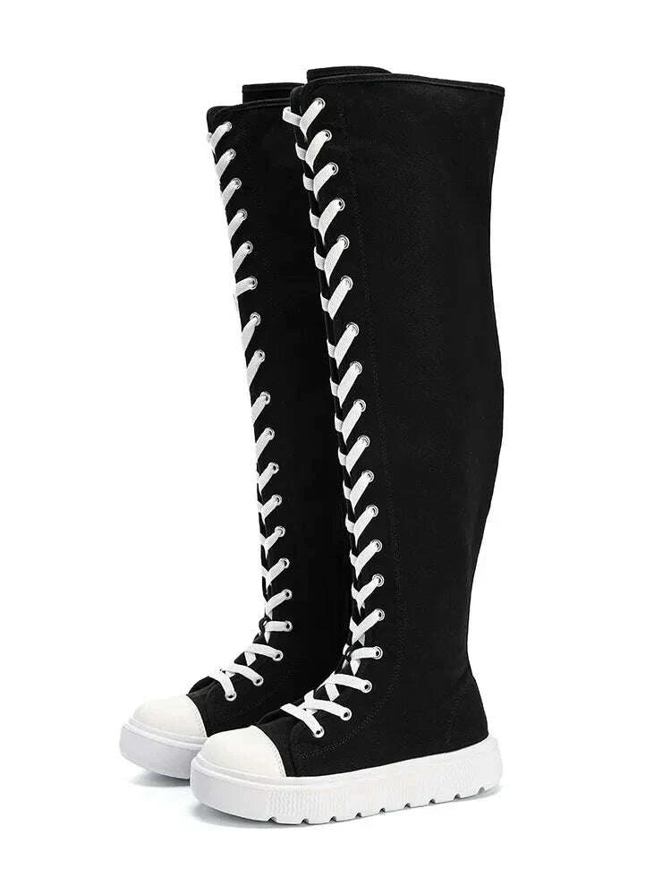 KIMLUD, Plus Size Women's Canvas Boots Spring Autumn High Top Side Zipper Simple Long Tube over Knee Shoes Flat Heel Adult Footwear, KIMLUD Womens Clothes