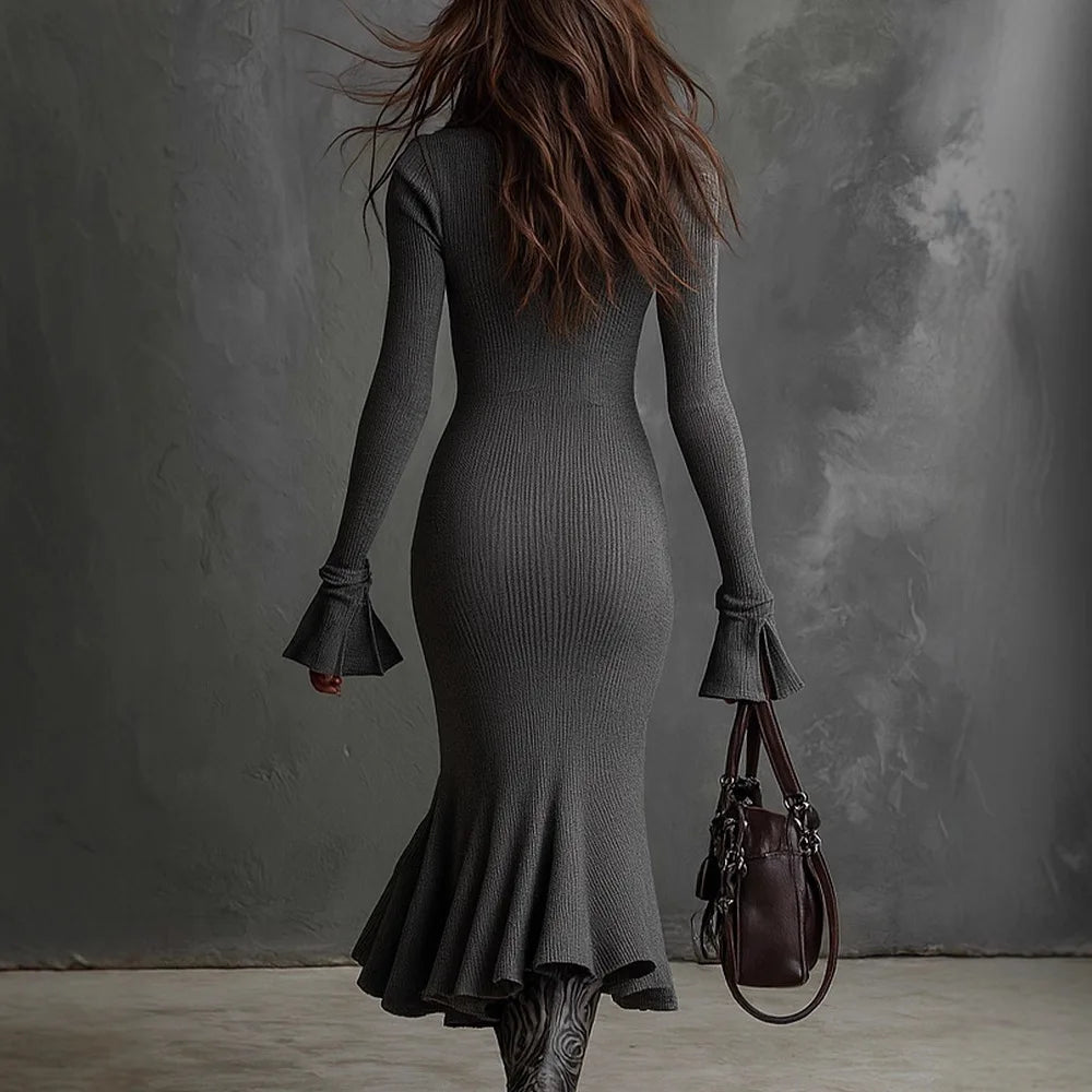 Women's Autumn Knitted Dress Long Sleeve Half Zipper Neck Ruffle Hem Slim Midi Dress Retro Casual Elegant Fishtail Long Dresses