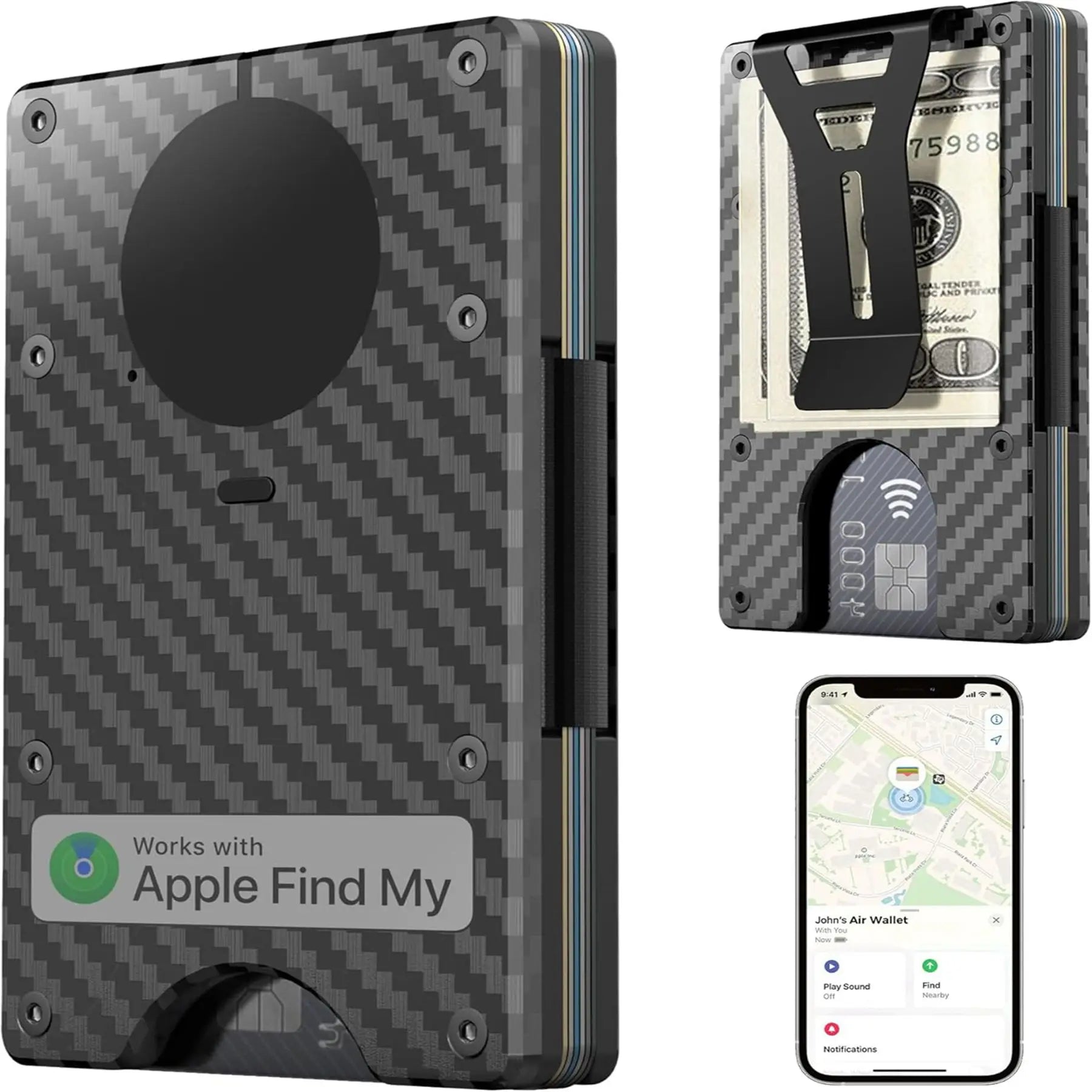 Wallet with Built in Airtag Chip, RFID Blocking Credit Card Holder, Compatible with Find My iOS Only, Detachable Money Clip