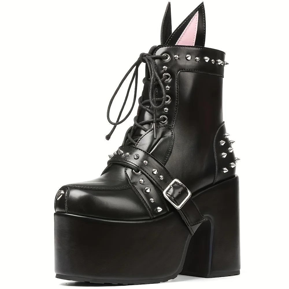 KIMLUD, Women's Y2K Goth Ankle Boots Fashion Punk Rivet Buckle Platform Chunky High Heels Cute Ear Decoration Street Cosplay Boots Woman, KIMLUD Womens Clothes