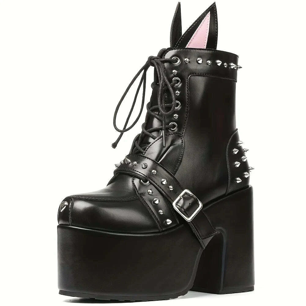 KIMLUD, Women's Y2K Goth Ankle Boots Fashion Punk Rivet Buckle Platform Chunky High Heels Cute Ear Decoration Street Cosplay Boots Woman, KIMLUD Womens Clothes