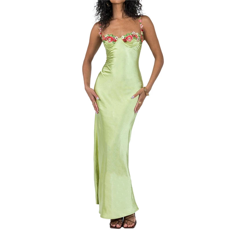 Floral Appliqué Satin Maxi Dress