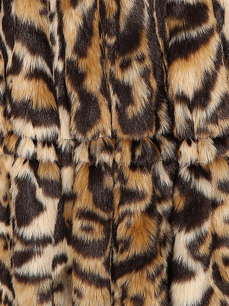 Nerazzurri Winter Elegant Warm Thick Skirted Fluffy Faux Fur Leopard Coat Women Drawstring Runway European Fashion Overcoat 2021