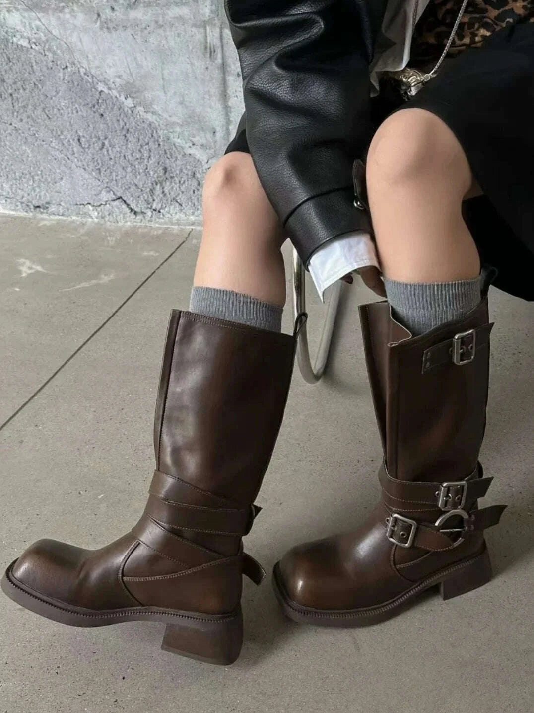 KIMLUD, Women's Boots Half High Square Toe Footwear Brown Biker Shoes For Woman Mid Calf Middle Heel Comfortable And Low Price Pu Goth, KIMLUD Womens Clothes