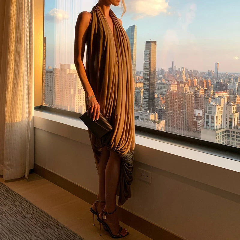 Fashion Irregular Ruffles Slim Dress Sexy Hollow Out Sleeveless Backless Dress Summer New Solid Hollow Out Party Dress for Women