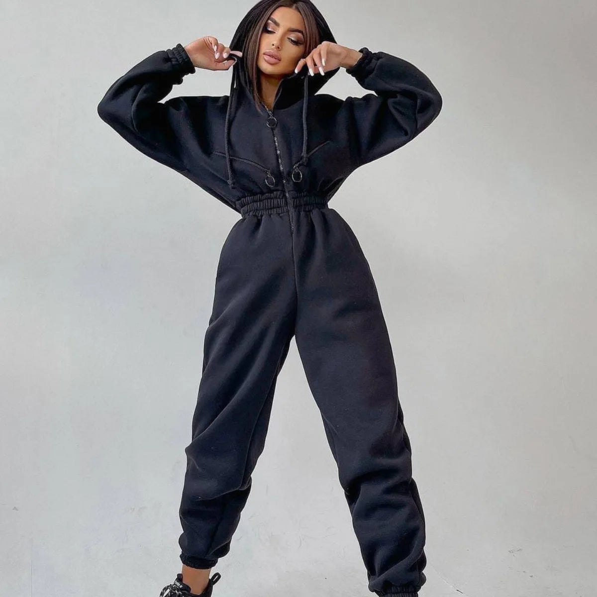 Hooded Jumpsuit – Sportswear – Polyester – Women's | KIMLUD