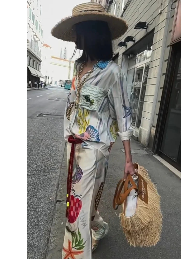 Two Piece Satin Set – Bohemian Print – Loose Fit – Long Sleeve Shirt & Wide Leg Pants | KIMLUD