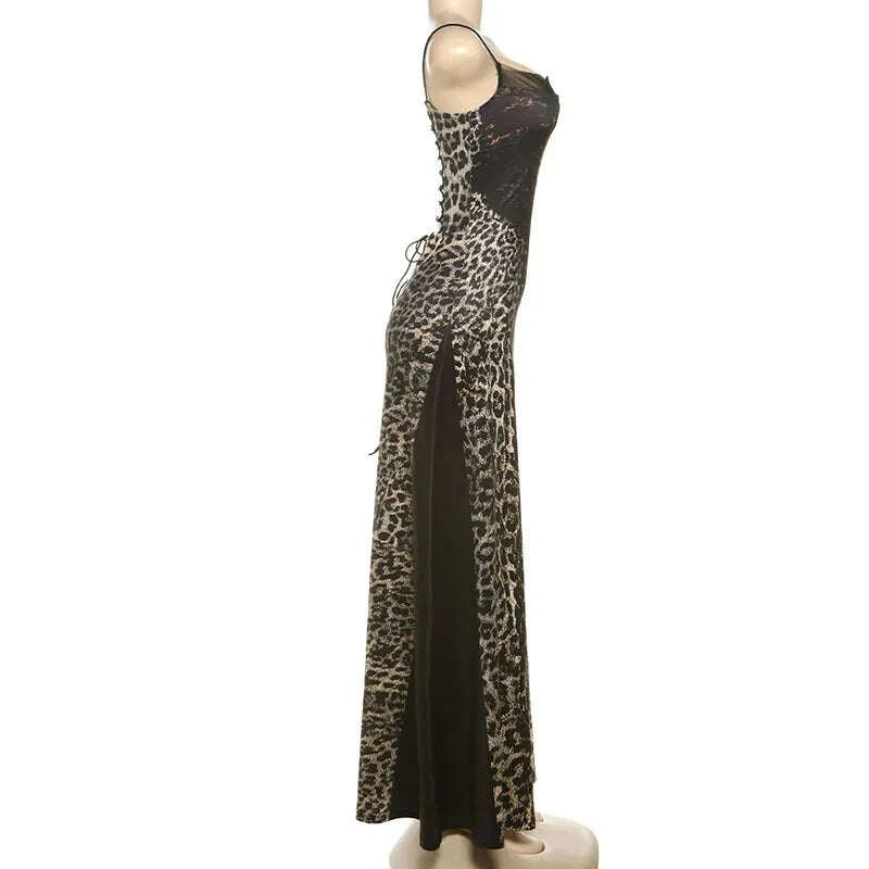 KIMLUD, 2025 Summer Fashion New Women's Elegant Strap Leopard Pattern Street Style Printed Slimming High Waist Long Dress, KIMLUD Womens Clothes