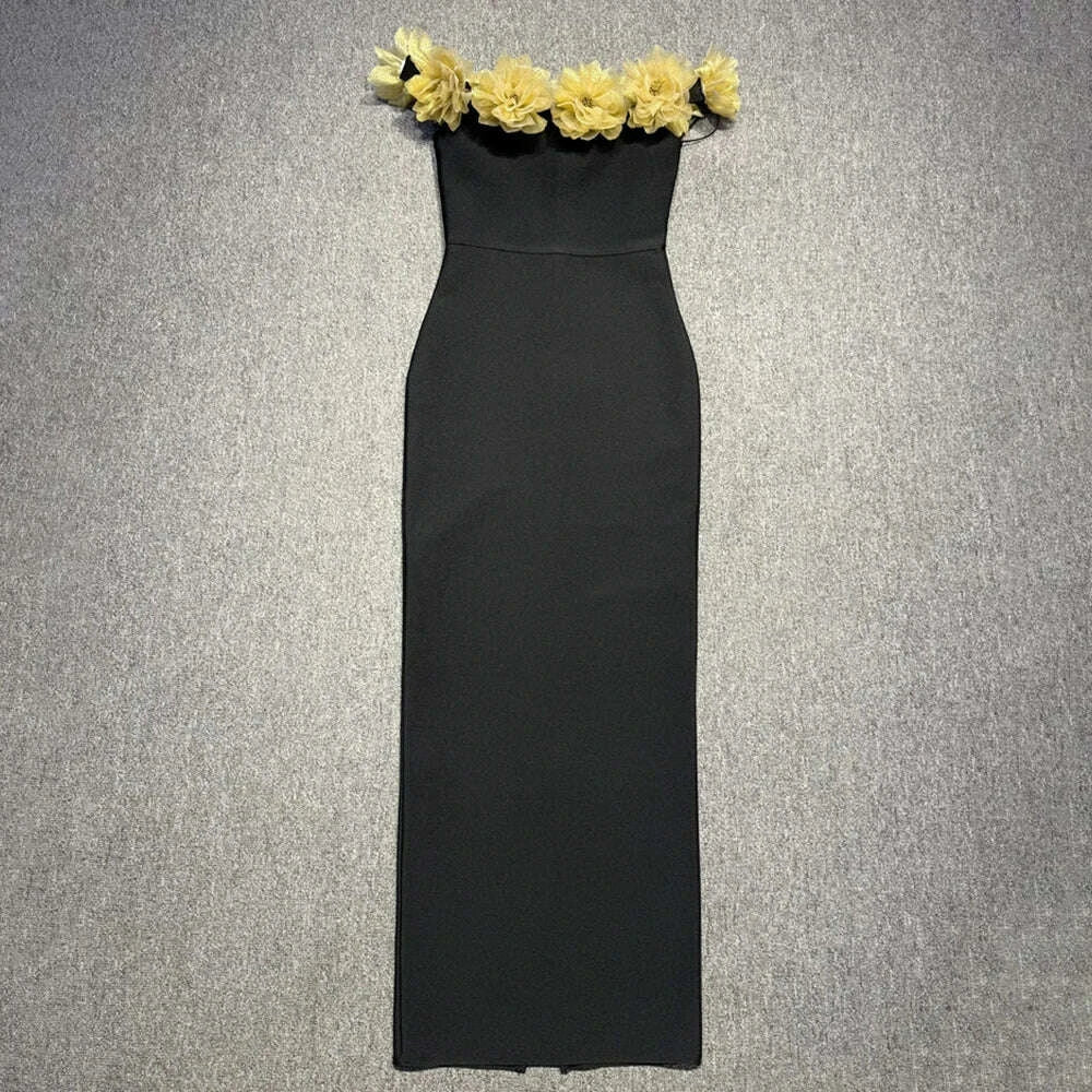 KIMLUD, VC Elegant Fashion Off-Shoulder Black Maxi Dress with Golden Floral Embellishments Party Evening Gown, KIMLUD Womens Clothes