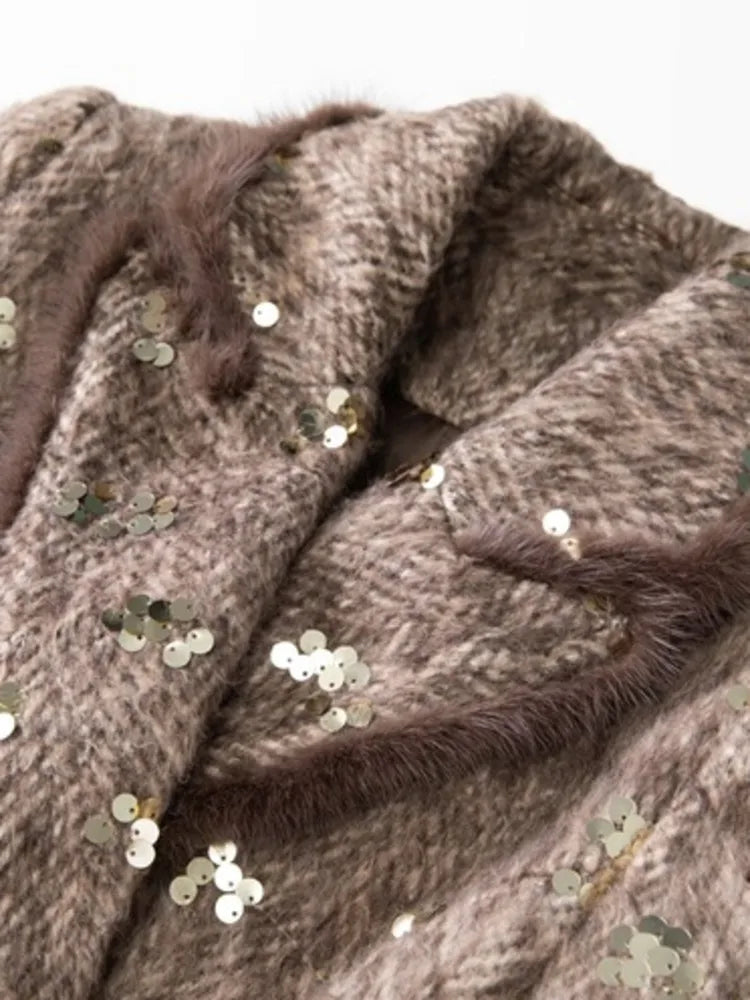 IEQJ Fashion Autumn Winter Woolen Coat Women Turn-Down Collar Fur EdgeDouble Breasted Long Sleeves Sequins Slim Blends Coat New