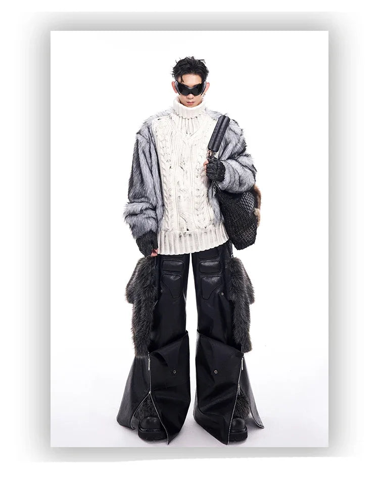 PU Leather Wide-Leg Baggy Cargo Pants — Black | KIMLUD