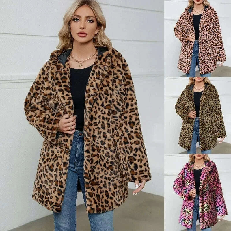 KIMLUD, ZXRYXGS 2025 New Fashion Autumn Winter Coats Loose Medium Length Jackets Leopard Print Imitation Fur Coat Women's Clothing Tide, KIMLUD Womens Clothes
