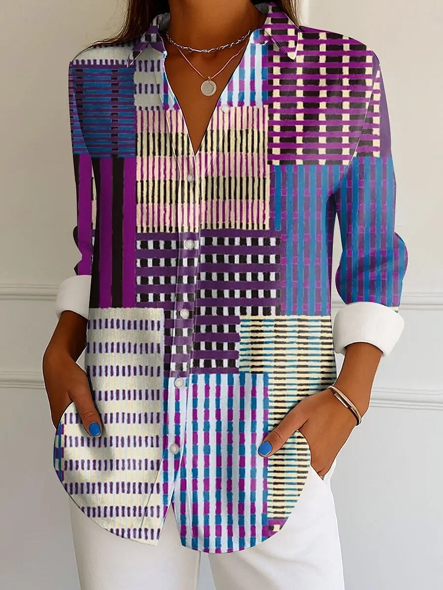 Shirt – Graphic Geometric Striped Tropical Print – Long Sleeve | KIMLUD