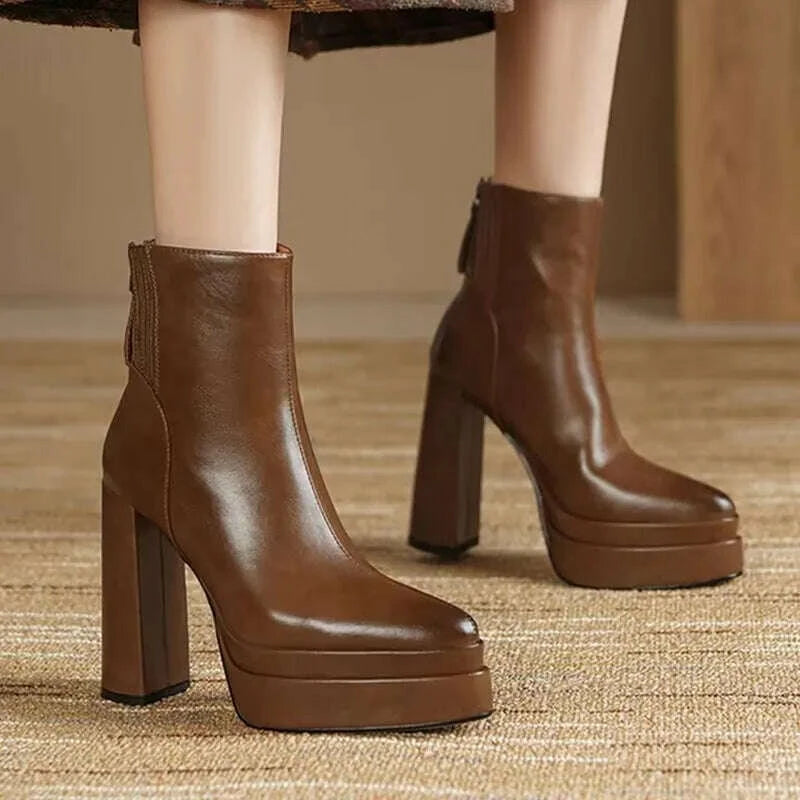 Soft Leather Chunky Heel Skinny Boots 2025 New Autumn Super High Heel Platform Women's Booties
