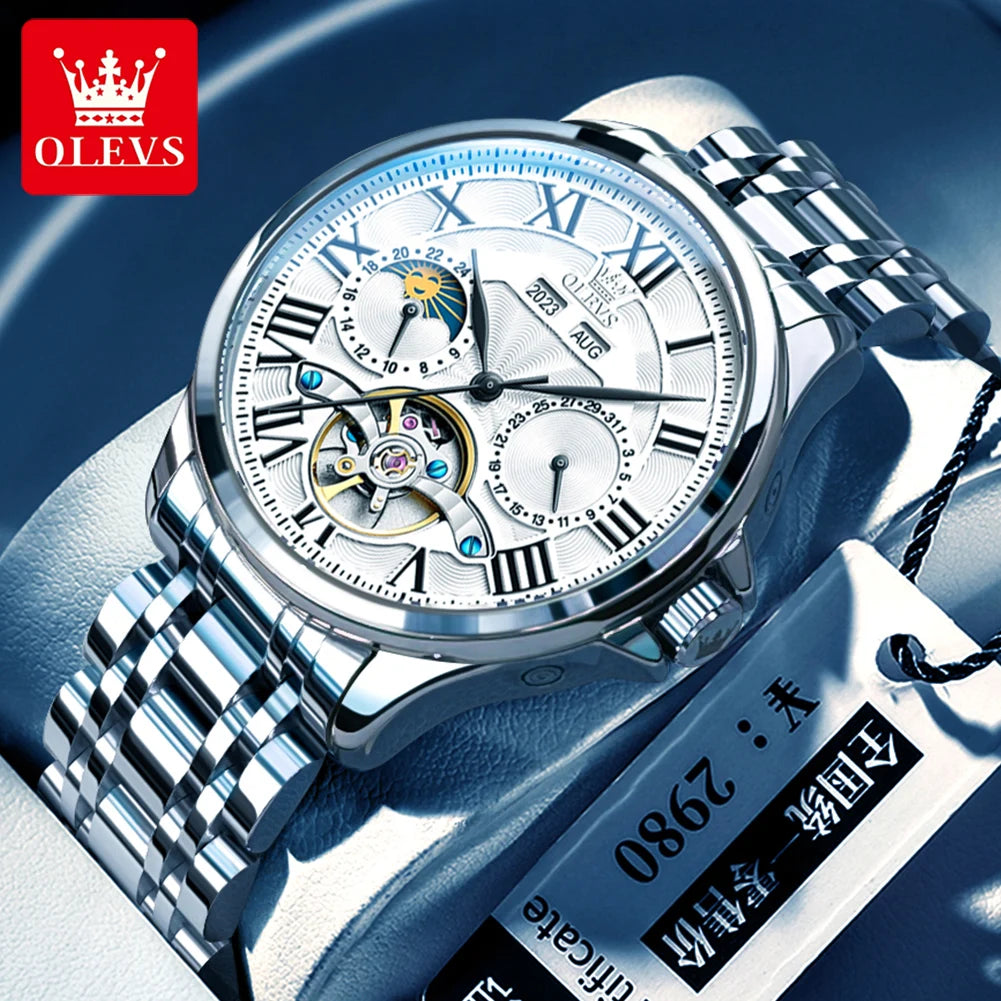 Stainless Steel Tourbillon Watch Moon Phase Calendar — Silver | KIMLUD